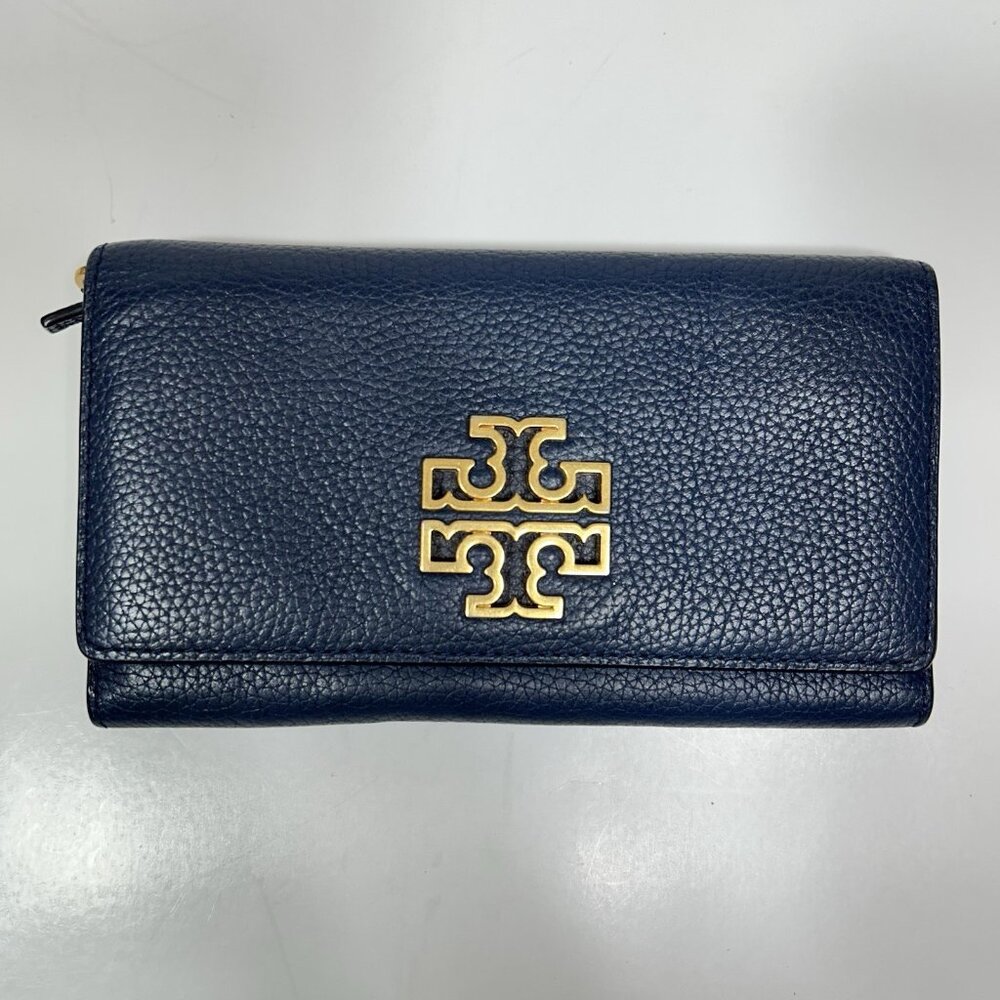 Tory Burch Britten Envelope Wallet Navy Blue Pebble Leather & Gold Hardware Logo